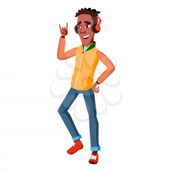 Teen Boy Poses Vector. Black. Afro American. Friendly, Cheer. For Banner, Flyer, Brochure Design. Isolated Cartoon Illustration
