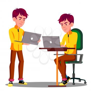 Young Male Student Sad With Laptop Problem Vector. Illustration