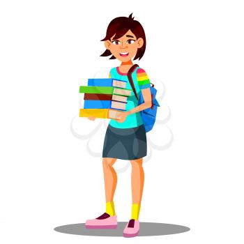 Smiling Asian Girl Student Holding Books In Hand Vector. Illustration