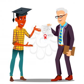 Rector Presenting Diploma To Happy Student In Graduate Cap Vector. Illustration