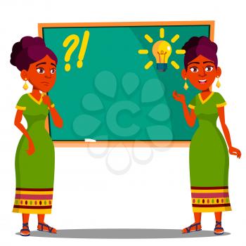 Student Standing At Blackboard With Light Bulb Over His Head, Idea Vector. Illustration