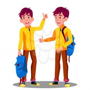 Boy With School Bag Holding Thumb Up Vector. Illustration