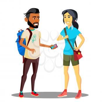 Smiling Muslim And Asian Student With Backpack Vector. Illustration