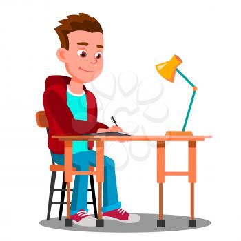 Writing Boy At The Table With Desk Lamp Vector. Illustration