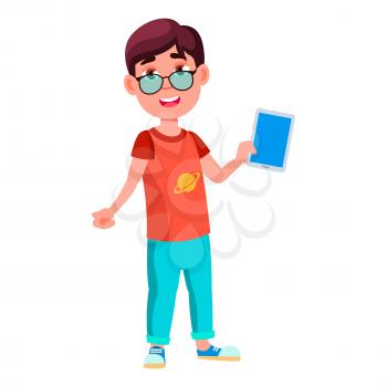 Boy Schoolboy Kid Poses Vector. Primary School Child. Student Activity. Educate. Kids, Positive. For Postcard, Announcement, Cover Design. Isolated Cartoon Illustration