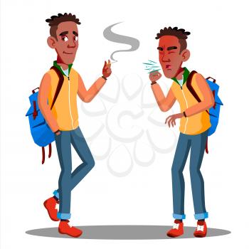 Smoking And Sneezes, Coughsyoung Student With Backpack Vector. Illustration