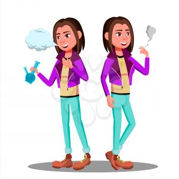 Problem With Drugs, Young Student With Cigarette, Bong Vector. Illustration
