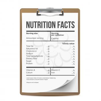 Nutrition Facts Vector. Blank, Template. Food Content. Fat Information. Protein Sport. Grams And Percent Illustration