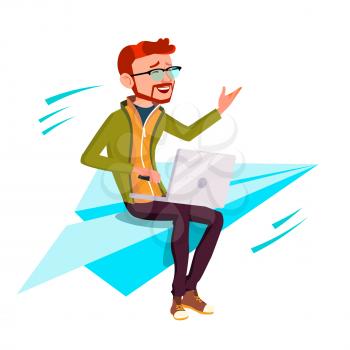 Startup, Manager In Business Suit Sitting On Paper Plane Flying Up Vector. Illustration