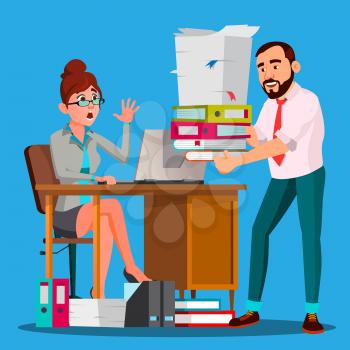 Boss Puts A Stack Of Documents To Stressfull Employee With Full Table Of Documents Vector. Illustration