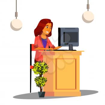 Reception, Cute Girl Behind The Desk Reception Vector. Illustration