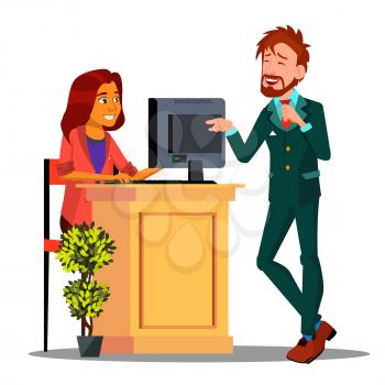 Reception, Cute Girl Behind The Desk Reception Meeting The Guest Vector. Illustration
