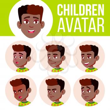 Boy Avatar Set Kid Vector. Black. Afro American. Primary School. Face Emotions. Primary, Child Pupil. Life, Emotional Cartoon Illustration