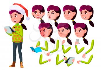 Teen Girl Vector. Teenager. Active, Expression. Face Emotions, Various Gestures. Animation Creation Set. Isolated Flat Cartoon Illustration