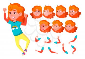 Girl, Child, Kid, Teen Vector. Smile. Cute. Happiness Enjoyment. Face Emotions, Various Gestures Red Head Animation Creation Set Isolated Flat Cartoon Illustration