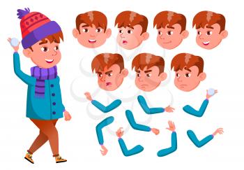Boy, Child, Kid, Teen Vector. Active Cute. Cheer, Pretty. Face Emotions, Various Gestures Animation Creation Set Isolated Flat Cartoon Illustration