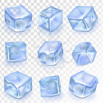 Ice Cubes Isolated Transpatrent Vector. Frost Freeze Design Effect. Clean Cold Crystal. Realistic Blue Ice Water Blocks Set Illustration