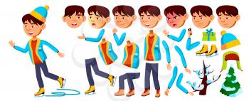 Asian Boy Schoolboy Kid Vector. Primary School Child. Christmas Animation Creation Set. Clever Positive Person. Presentation, Invitation Design. Face Emotions, Gestures. Winter Illustration