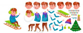 Boy Schoolboy Vector. Primary School Child. Animation Creation Set. Beautiful Kid. Winter Holidays. Youth, Caucasian. For Web, Poster, Booklet Design. Face Emotions Gestures Animat Illustration