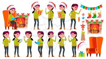 Girl Schoolgirl Kid Poses Set Vector. High School Child. School Student. Expression, Positive Person. For Web, Brochure, Poster Design. Isolated Illustration