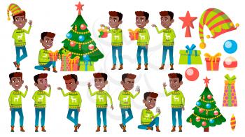 Christmas Boy Poses Set Vector. Black. Afro American. New Year. Active Cute Child. For Web, Brochure, Poster Design. Isolated Illustration
