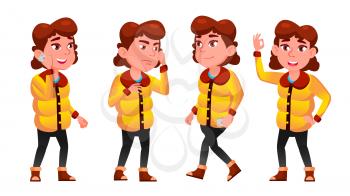 Winter Girl Poses Set Vector. School Child. Child Pupil. Emotions. For Postcard, Announcement, Cover Design. Isolated Illustration