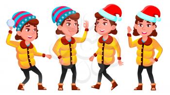 Christmas Girl Poses Set Vector. Winter. Neww Year. For Presentation, Print, Invitation Design. Isolated Illustration