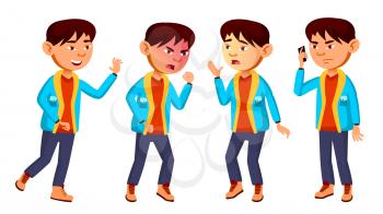 Asian Boy Schoolboy Kid Poses Set Vector. Primary School Child. Friendship. For Web, Brochure, Poster Design. Isolated Illustration