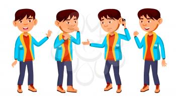 Asian Boy Schoolboy Kid Poses Set Vector. Primary School Child. Funny Children. Junior. Lifestyle, Friendly. For Advertising, Booklet, Placard Design. Isolated Illustration