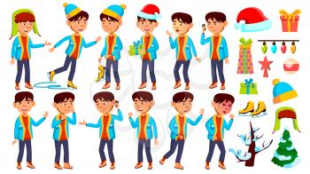 Asian Boy Schoolboy Kid Poses Set Vector. Chrastmas, New Year. Youth, Caucasian. For Card, Advertisement, Greeting Design. Isolated Illustration