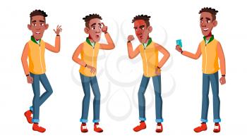 Teen Boy Poses Set Vector. Black. Afro American. Caucasian, Positive. For Presentation, Print, Invitation Design Isolated Cartoon Illustration