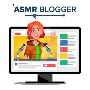 ASMR Blogger Channel Vector. Teen. Whisper. Online Live Broadcast. Isolated Illustration