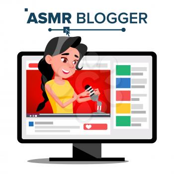 ASMR Blogger Channel Vector. Girl. Enjoying Sound. Video Blog Channel. Isolated Illustration