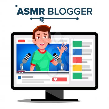 ASMR Blogger Channel Vector. Man. Whisper. Insomnia Concept Isolated Illustration