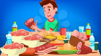 Mukbang Eating Show Vector. Guy. Food Challenge. Video Blog Channel. Illustration