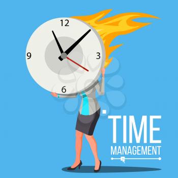 Time Management Woman Vector. Management. Organization Of Work Process. Business Illustration