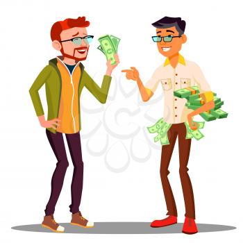 Different Salaries Of Office Staff, One Employee With Bills In Hand, Another With Stack Of Money Vector. Illustration