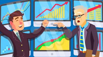 Trading Market, Actively Shouting People In Business Suits At The Screen Vector. Illustration
