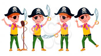 Boy Poses Set Vector. Public Performance. Pirate, Saber, Skull. For Advertisement, Greeting Announcement Design Isolated Illustration