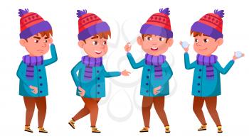 Little Boy Vector. Primary School. Winter Holidays. Activity. Snowball. For Advertising, Placard Print Design Isolated Illustration