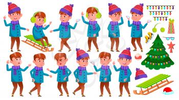 Boy Kid Poses Set Vector. Winter Holidays. Activity. Positive Child. For Postcard, Announcement, Cover Design. Isolated Illustration