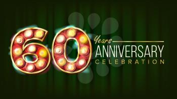 60 Years Anniversary Banner Vector. Sixty, Sixtieth Celebration. 3D Glowing Element Digits. For Flyer, Card, Wedding, Advertising Design. Green Background Illustration