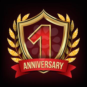 1 Anniversary Banner Vector. One Year Age, First Celebration. Shining Digit Sign. Gold Number One. Laurel Wreath. For Party Flyers, Cards Design. Illustration