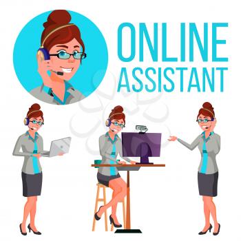 Online Assistant European Woman Vector. Headphone, Headset. Helpline Operator. Website Support Illustration