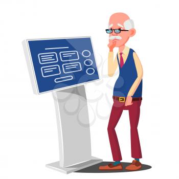 Old Man Using ATM Machine, Digital Terminal Vector. Digital Kiosk LED Display. Self Service Information System. Isolated Flat Cartoon Illustration