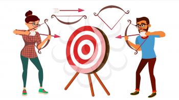 Archery Concept Vector. Woman And Man Shooting From A Bow In A Target. Archery Player Aiming At Target. Sport, Challenge, Leisure. Arrow. Cartoon Illustration