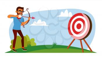 Attainment Concept Vector. Businessman Shooting From A Bow In A Target. Objective Attainment, Achievement. Cartoon Illustration