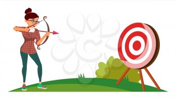 Attainment Winner Concept Vector. Business Woman Shooting From A Bow In A Target. Objective Attainment, Achievement, Success, Leadership. Cartoon Illustration