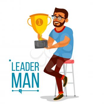 Attainment Achievement Concept Vector. Businessman Leader Holding Winner Cup. Entrepreneurship, Accomplishment. Best Worker, Achiever. Modern Office Employee, Manager Celebrating Success. Illustration