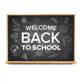 Back To School Banner Design Vector. Classroom Blackboard. Black. Doodle Icons. Sale Flyer. Retail Marketing Promotion. Realistic Illustration